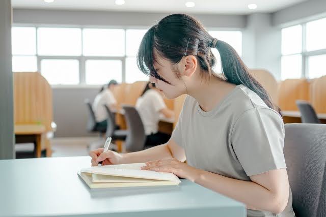 机に向かって勉強をする女子生徒