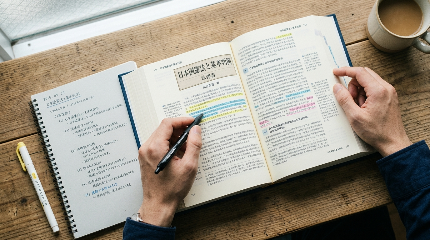 法律の教科書に書き込む様子