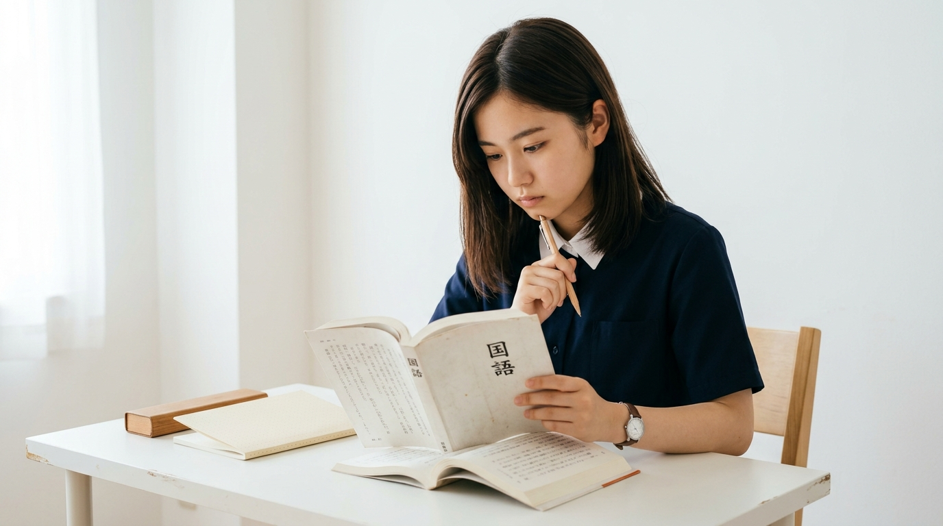 女子生徒が国語の教科書を読んでいる様子