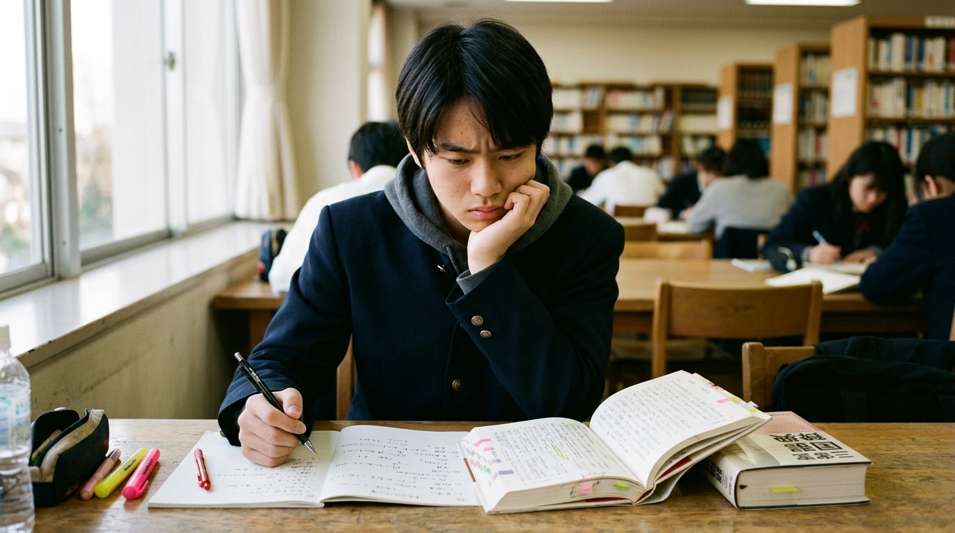 男の子が頬杖をついて勉強している