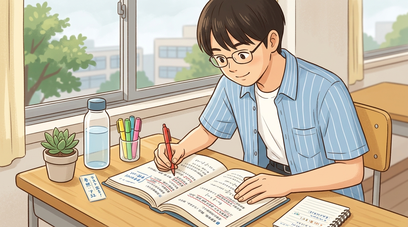 現代文の本文に色分けした線を引きながら演習に取り組む高校生の様子